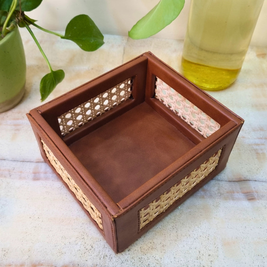 Mini Square Handmade Basket in Brown Natural Finish for Home Storage and Décor