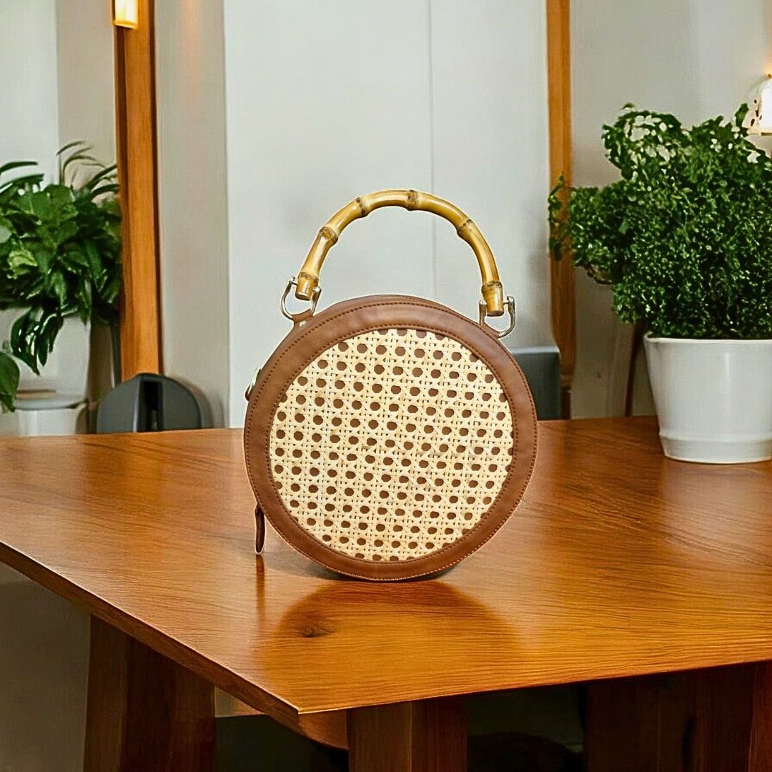 A round cane handbag with a bamboo handle and brown leatherette body placed on a wooden table.