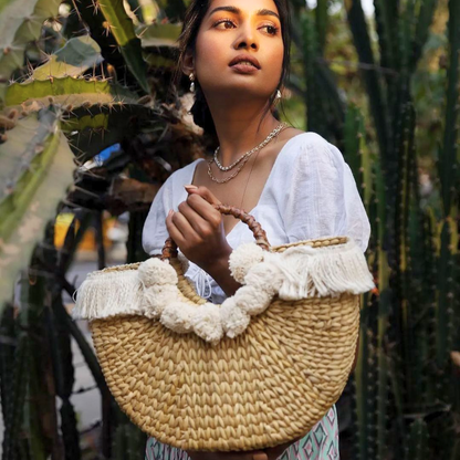 Boho Shopping Basket Bag with Pompom