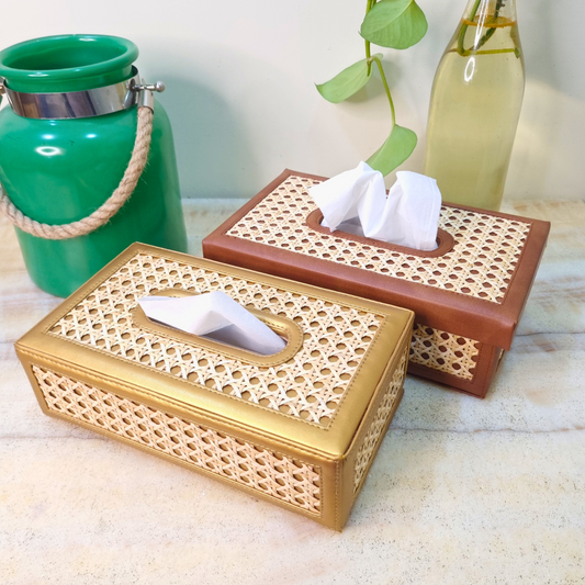 Eco-friendly rattan cane tissue box holder covers in beige and brown with geometric weave design, perfect for home and office décor."