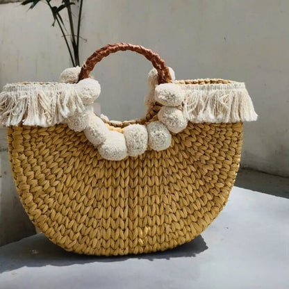 Boho Shopping Basket Bag with Pompom