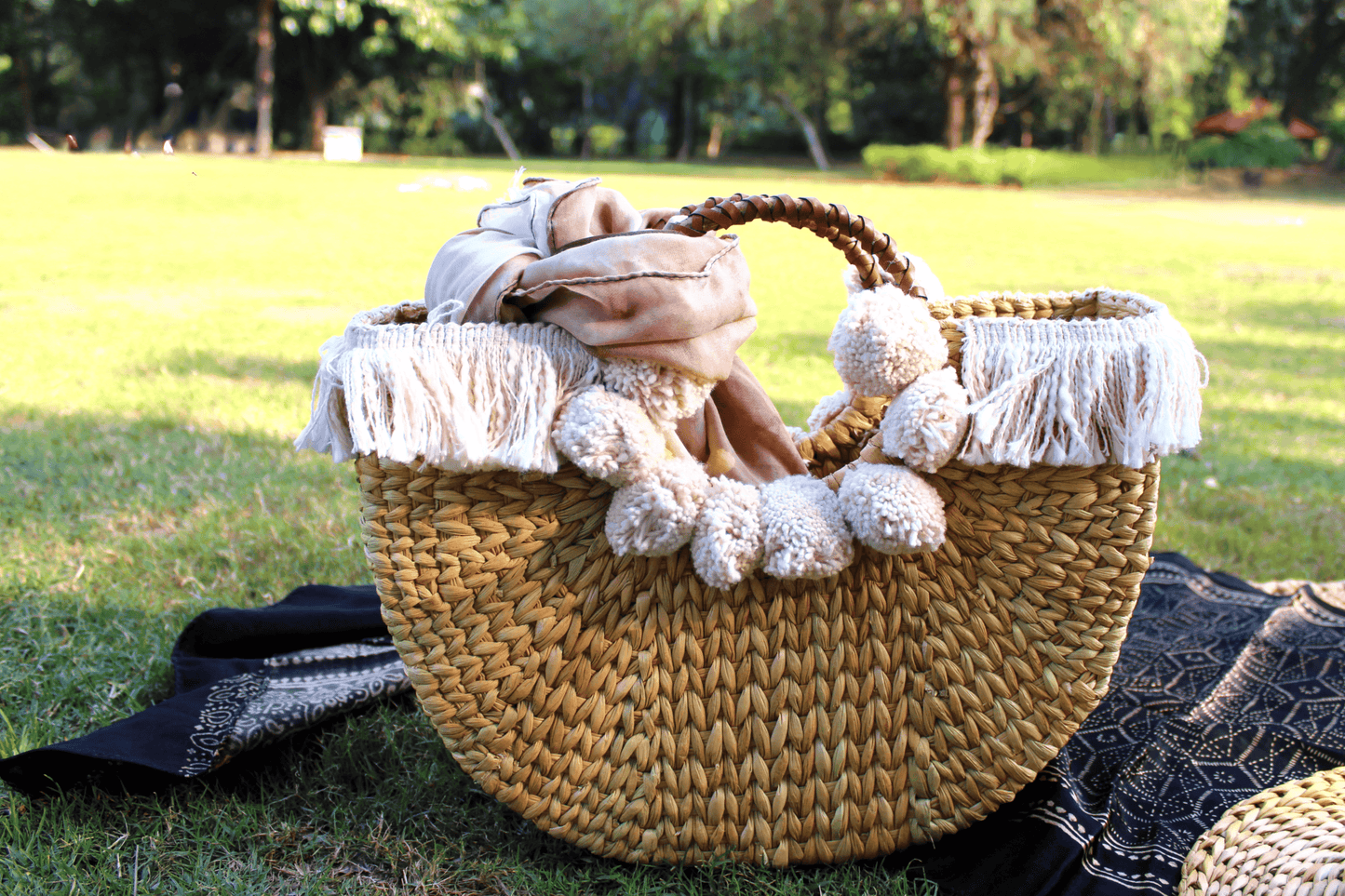 Boho Shopping Basket Bag with Pompom