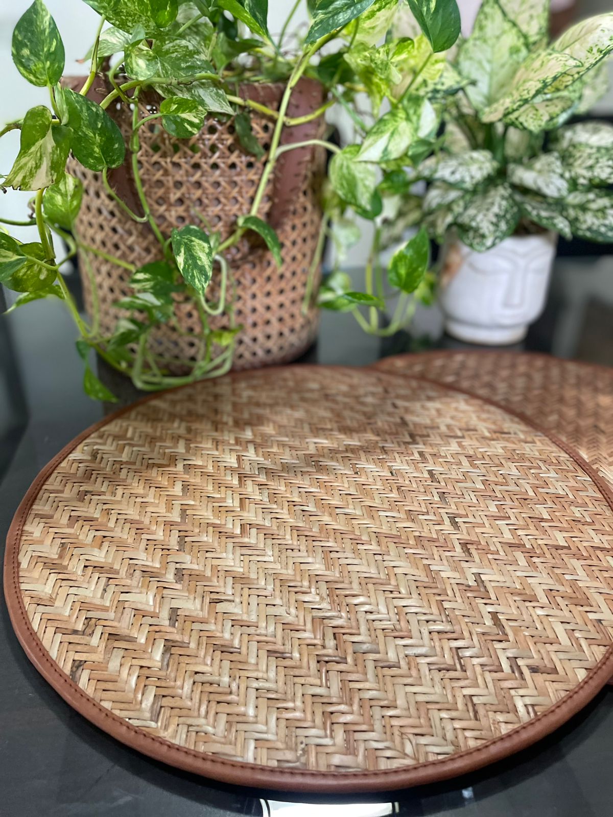 Rusty round wicker mats for dining table, eco-friendly handmade cane placemats for home and kitchen decor   
