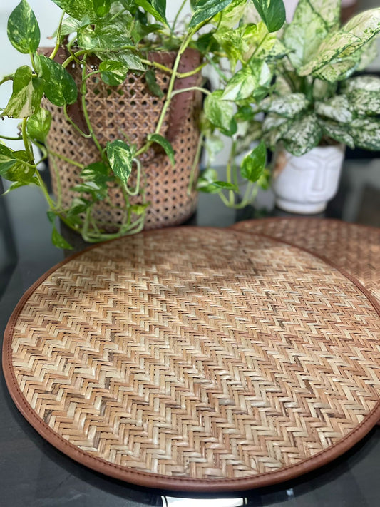 Rusty round wicker mats for dining table, eco-friendly handmade cane placemats for home and kitchen decor 